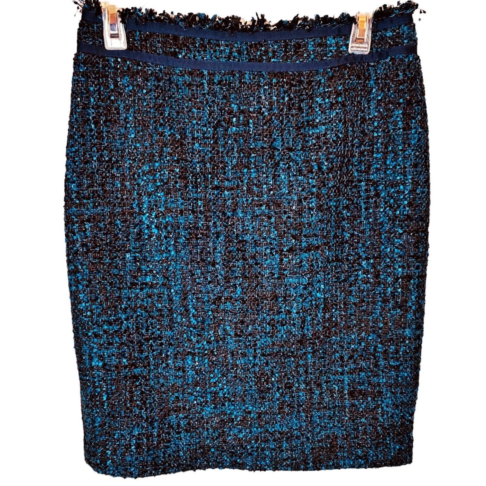 J. Mclaughlin Blue Black Tweed Pencil Straight Skirt Ribbon Waist Detail Size 4